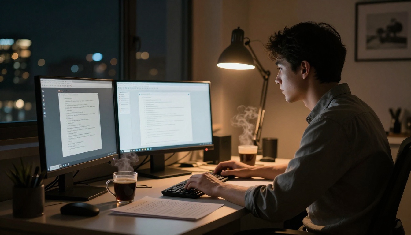Person working late at a home office desk, two monitors glowing, city lights through window, single desk lamp