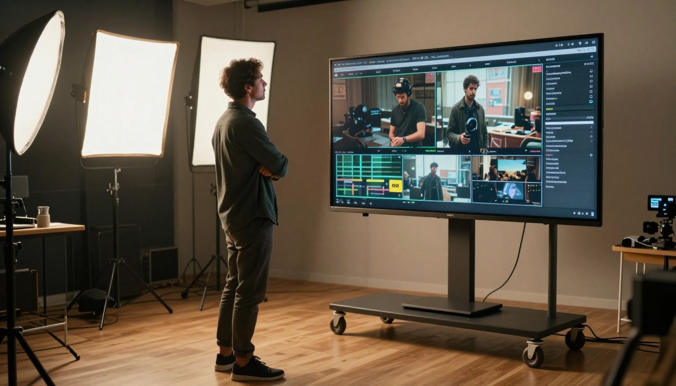 Male filmmaker in casual dark clothing reviewing cinematic footage on a broadcast monitor in a production studio