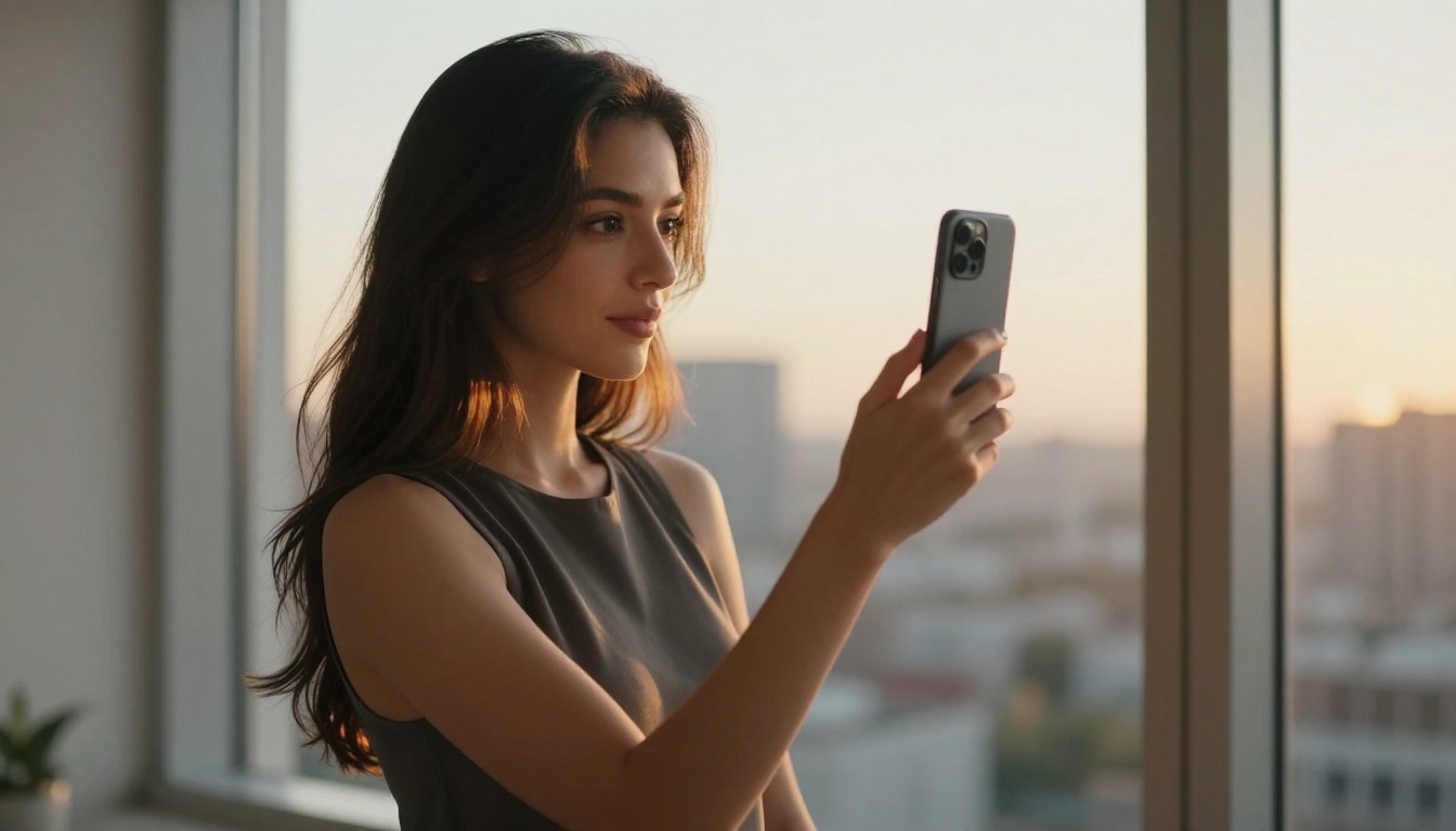 Beautiful young woman with dark hair standing by a floor-to-ceiling window at golden hour, holding a smartphone with city bokeh behind her