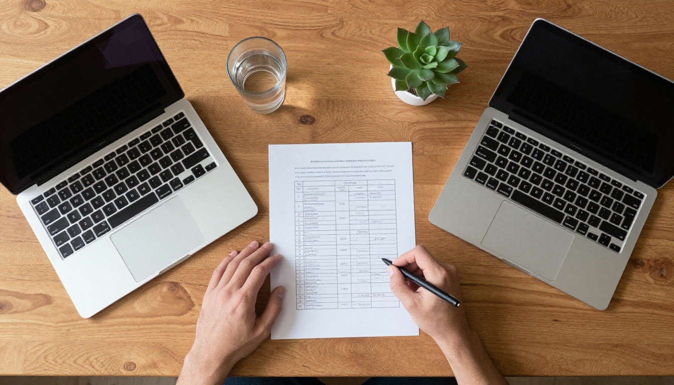 Overhead view of two laptops side by side with printed comparison document Overhead view of two laptops side by side with printed comparison document