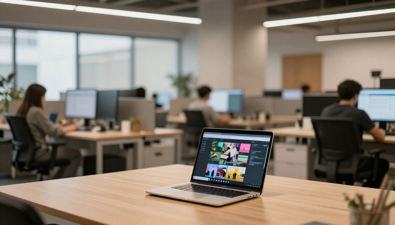 Wide cinematic view of a modern open-plan creative office with curved monitors and warm natural skylights