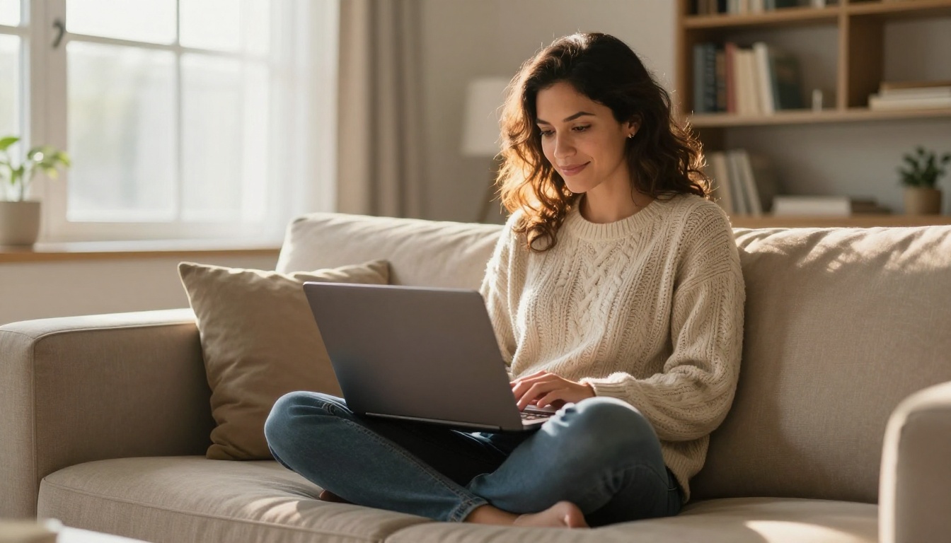 Woman using AI model on laptop relaxing at home