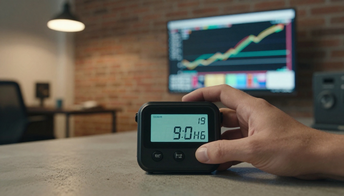 Split-diopter shot of stopwatch and benchmark monitor on wall Split-diopter shot of stopwatch and benchmark monitor on wall