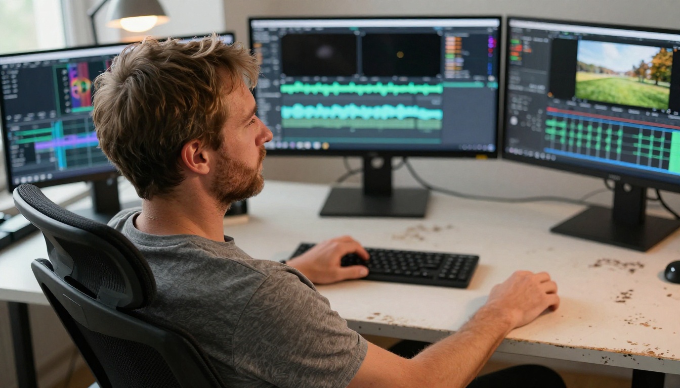 Filmmaker comparing AI video models on dual monitors Filmmaker comparing AI video models on dual monitors
