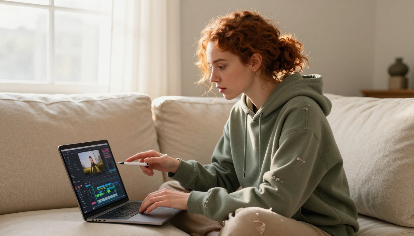 Video editor working on editing timeline with focused attention and stylus Video editor working on editing timeline with focused attention and stylus