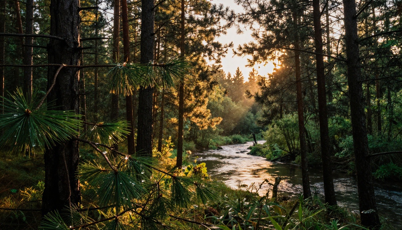 Golden hour pine forest with volumetric amber light shafts through canopy and river