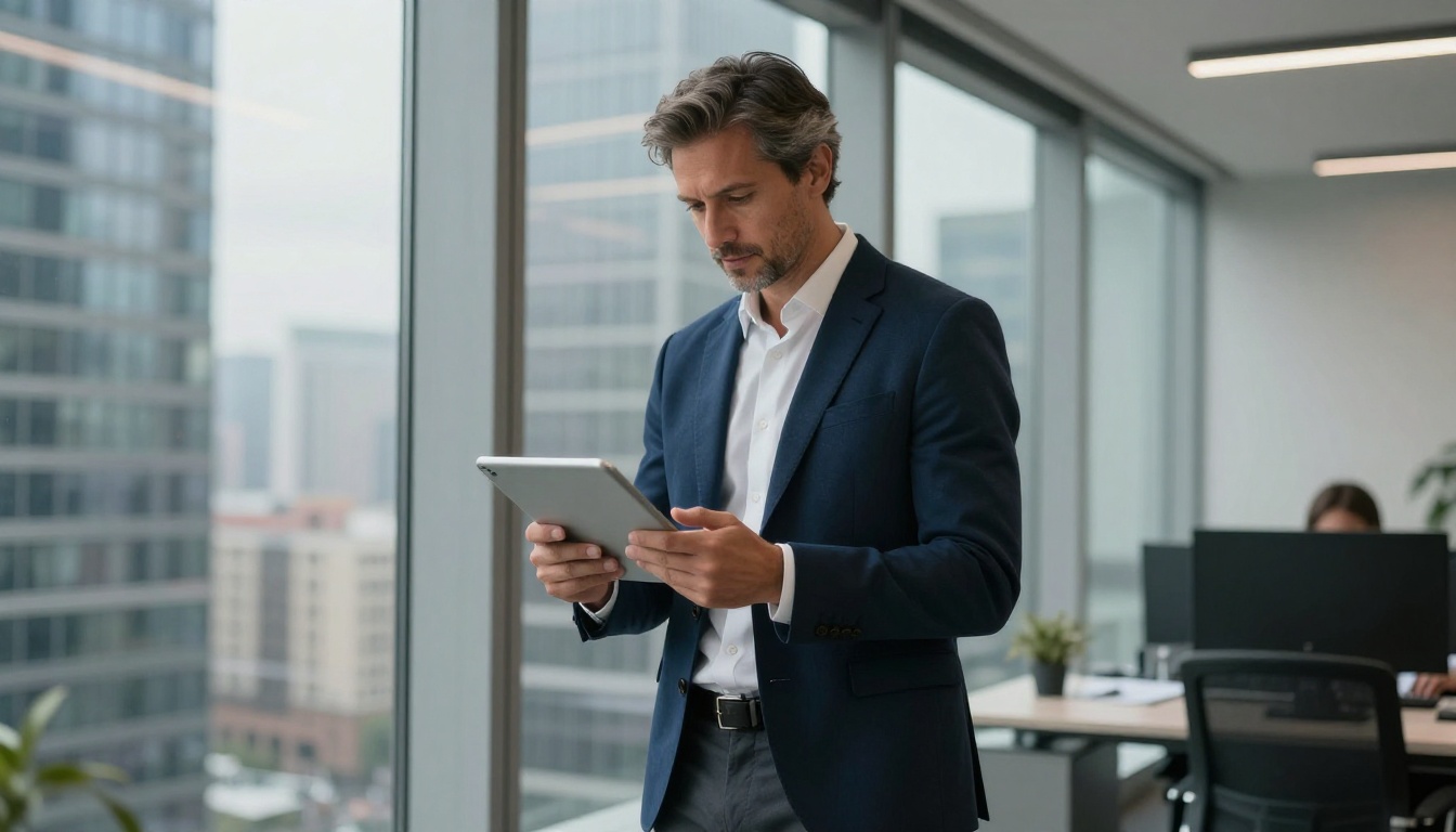 Business professional reviewing AI video output on tablet at high-rise office window Business professional reviewing AI video output on tablet at high-rise office window