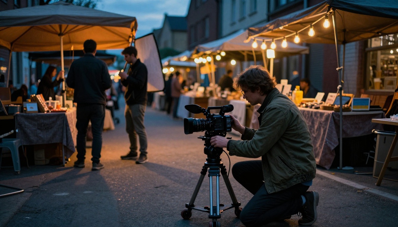Independent film production crew on location at outdoor market at dusk Independent film production crew on location at outdoor market at dusk