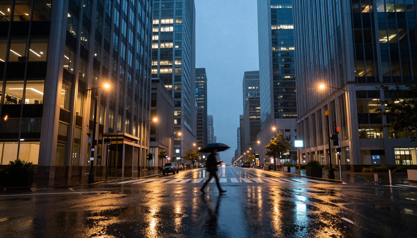 Rain-soaked city intersection at night with reflective street puddles and lone pedestrian