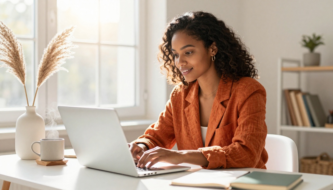 Creative professional using AI video platform on laptop in bright home office