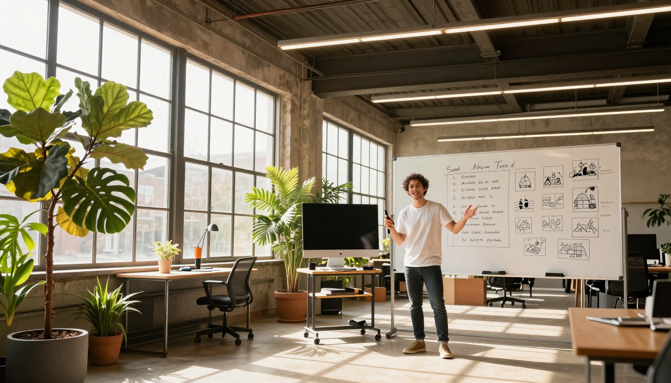 Creative director presenting AI video workflow on studio monitor with whiteboard storyboards