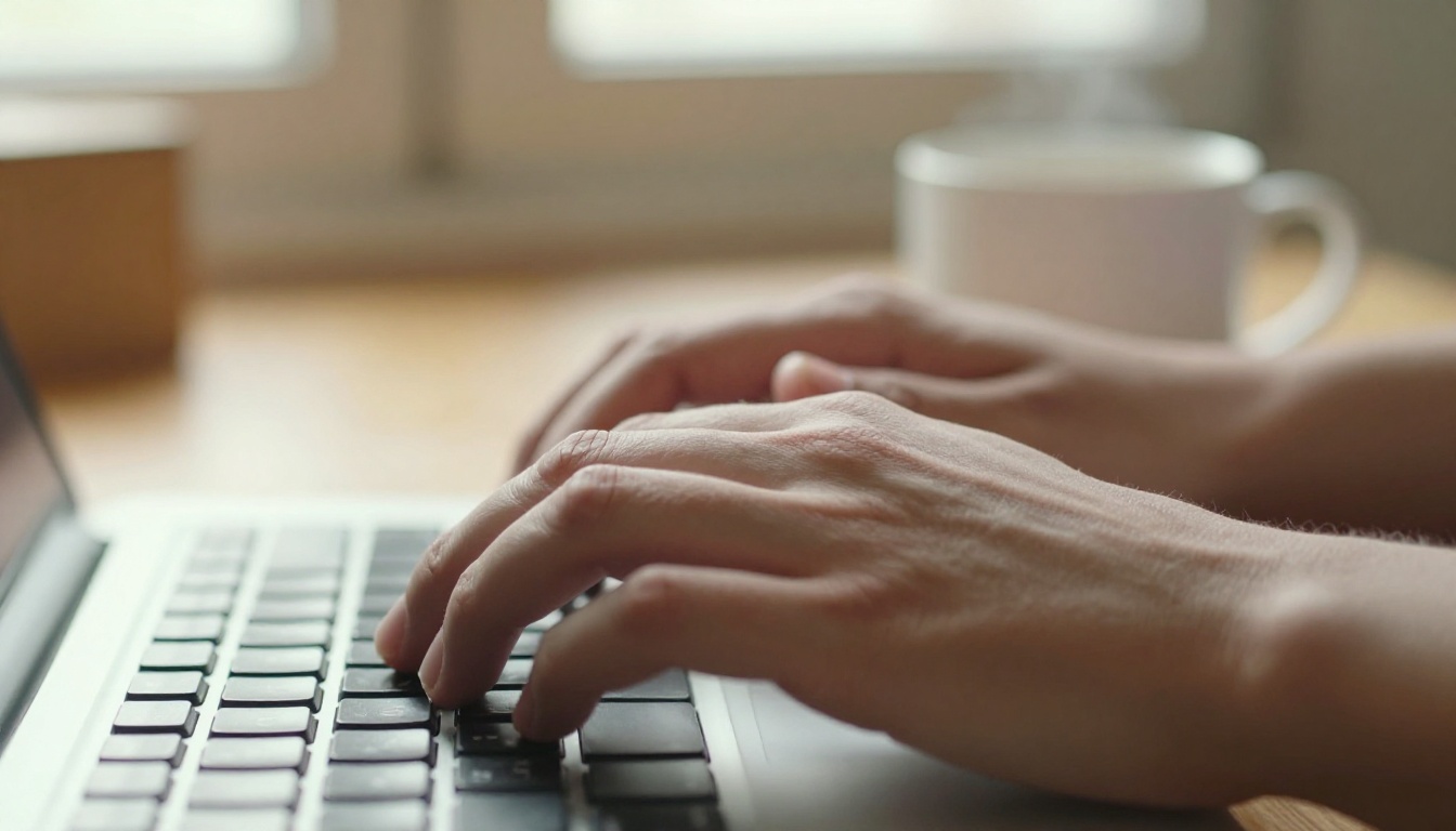 Hands typing on a mechanical keyboard with warm afternoon light and coffee mug in the background