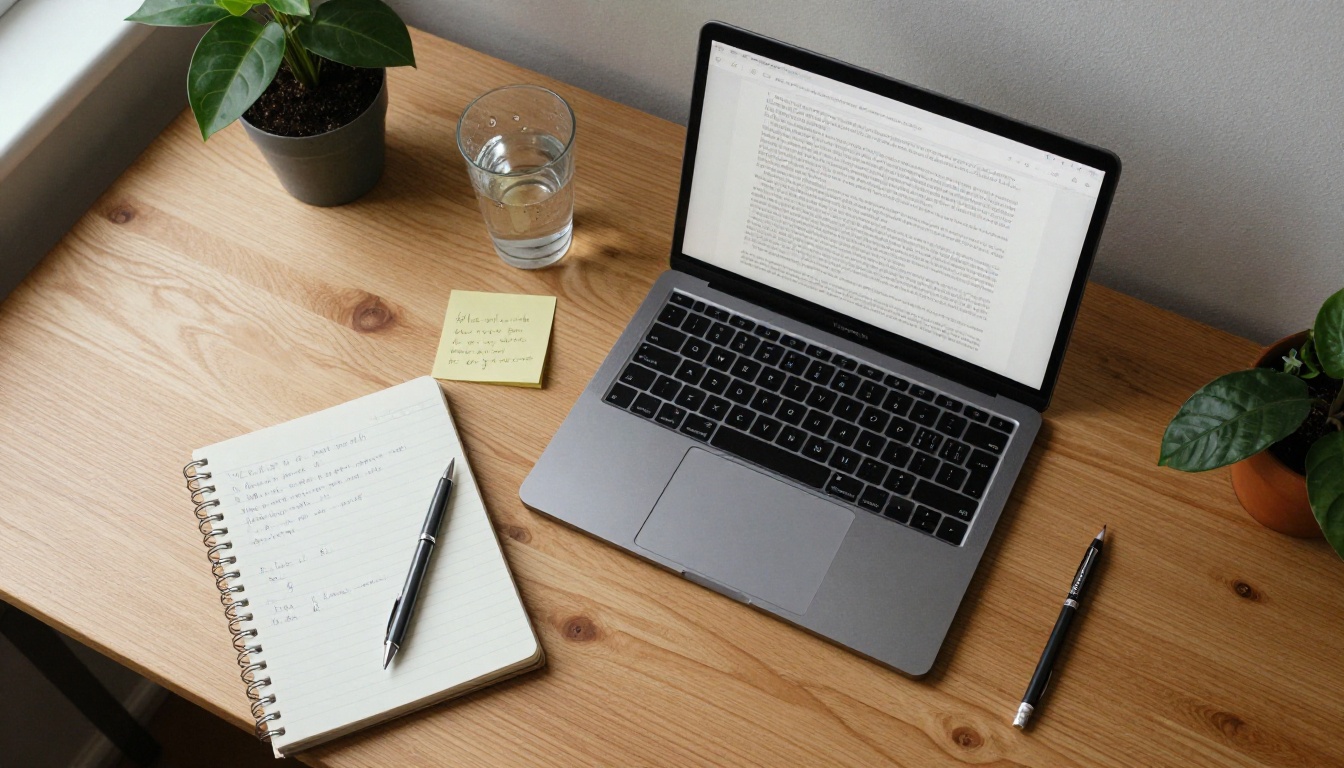 Aerial view of organized writer's desk with laptop, notebook, and sticky notes