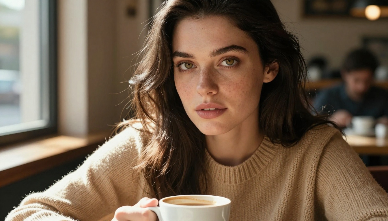Close-up portrait of an attractive woman at a sunlit café, sharp skin and hair detail