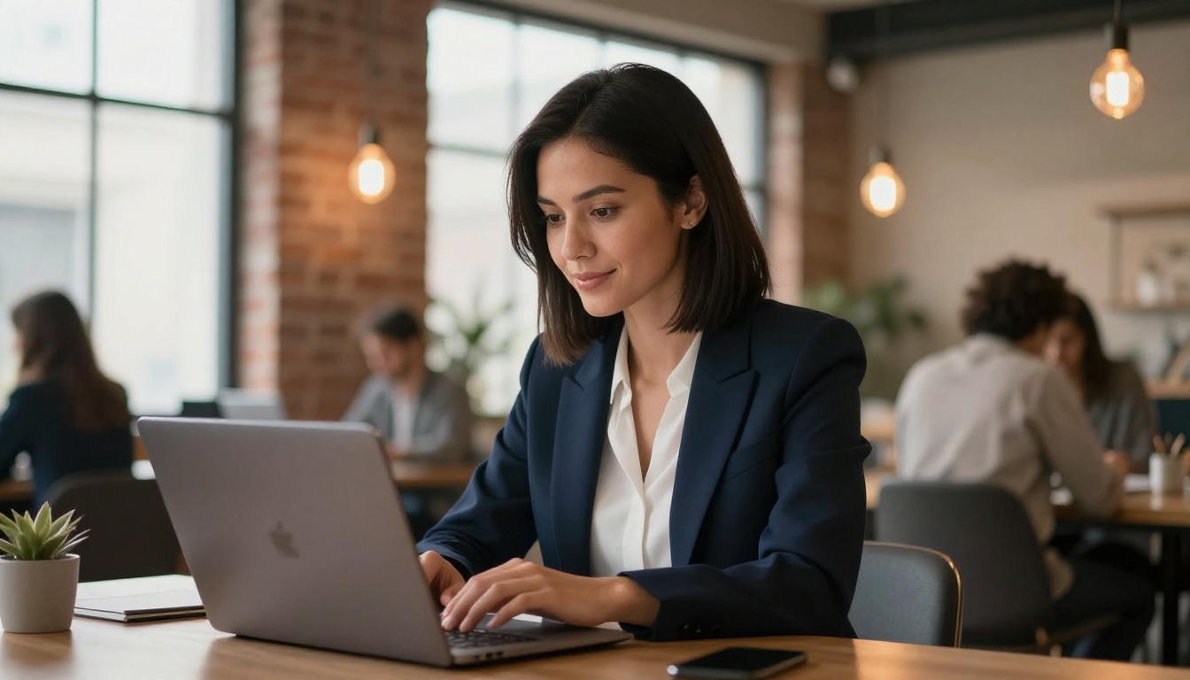Focused professional woman reviewing laptop text in a co-working space with warm Edison lighting