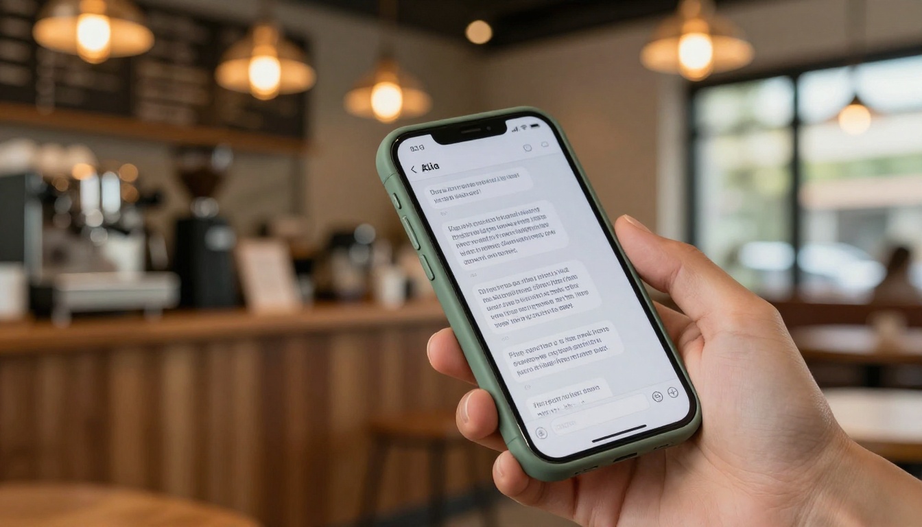Person holding smartphone with AI chat interface in a cozy cafe setting with golden bokeh background