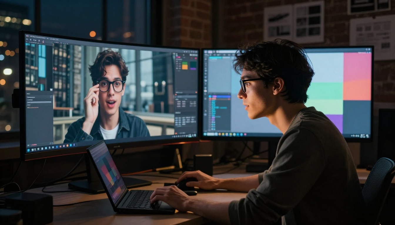 Two creative professionals reviewing AI video footage on large monitors in a design studio