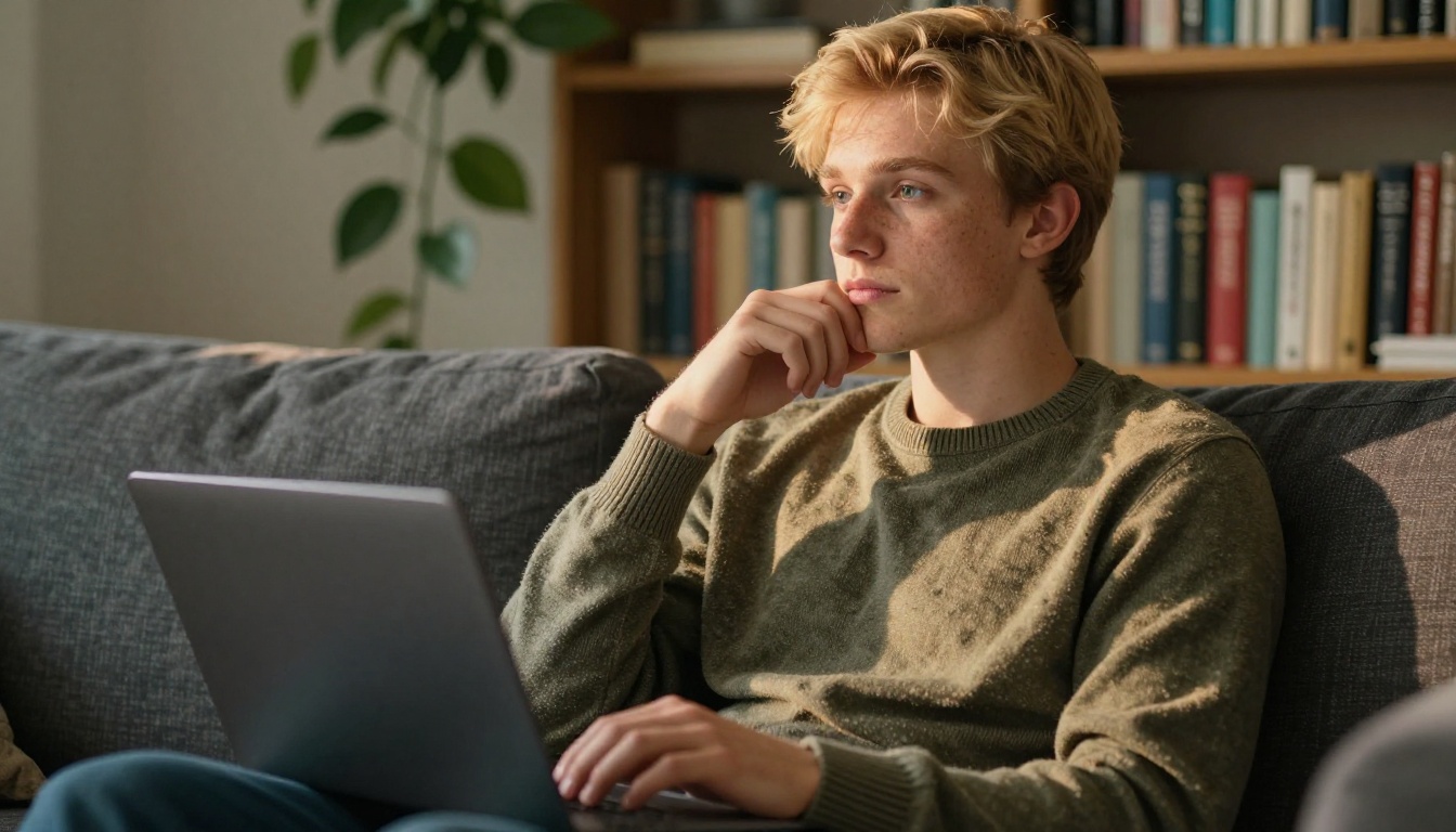 Young man on charcoal linen couch with laptop, gazing upward with creative expression in warm lamp light