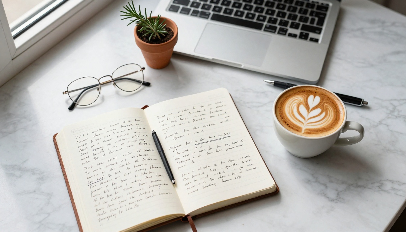 Overhead marble flat lay with leather journal, cappuccino with latte art, reading glasses, and rosemary pot