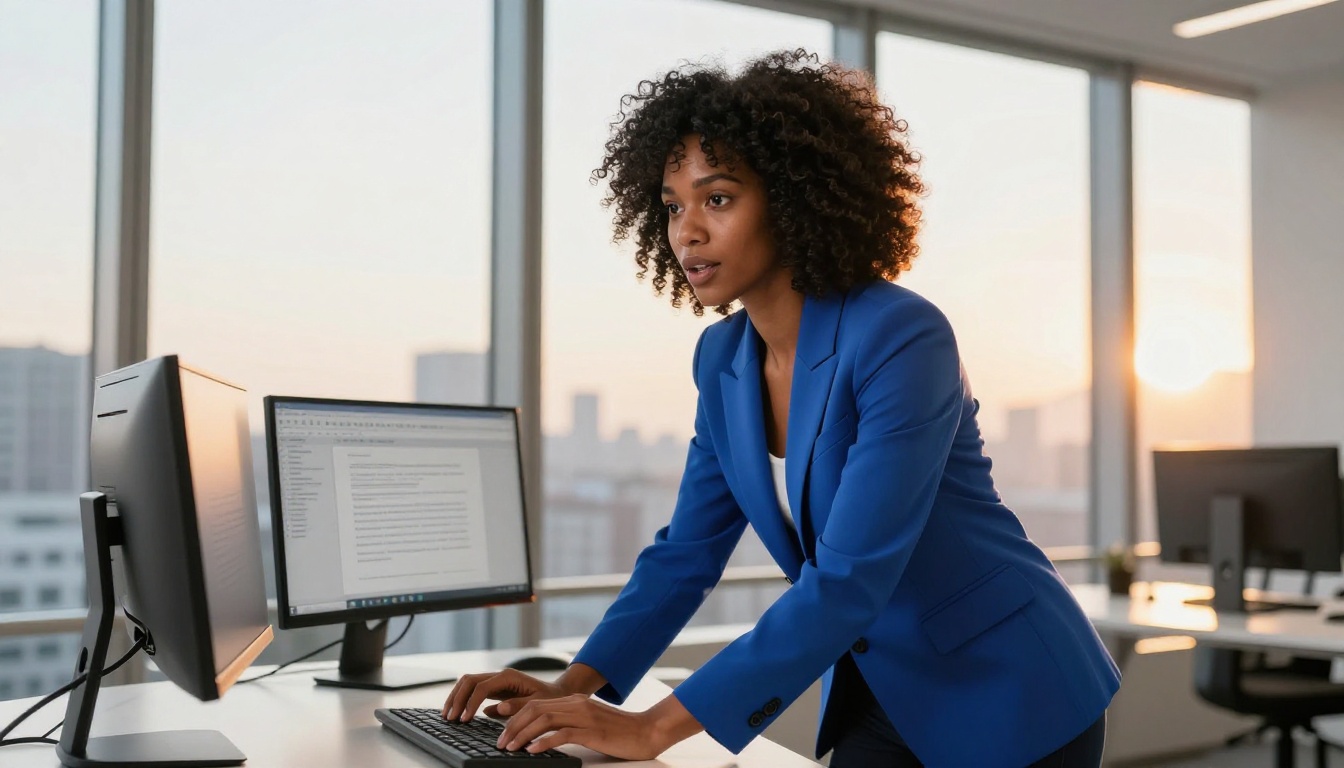 Woman with natural afro hair typing energetically at a standing desk, cobalt blazer, warm golden rim light from windows