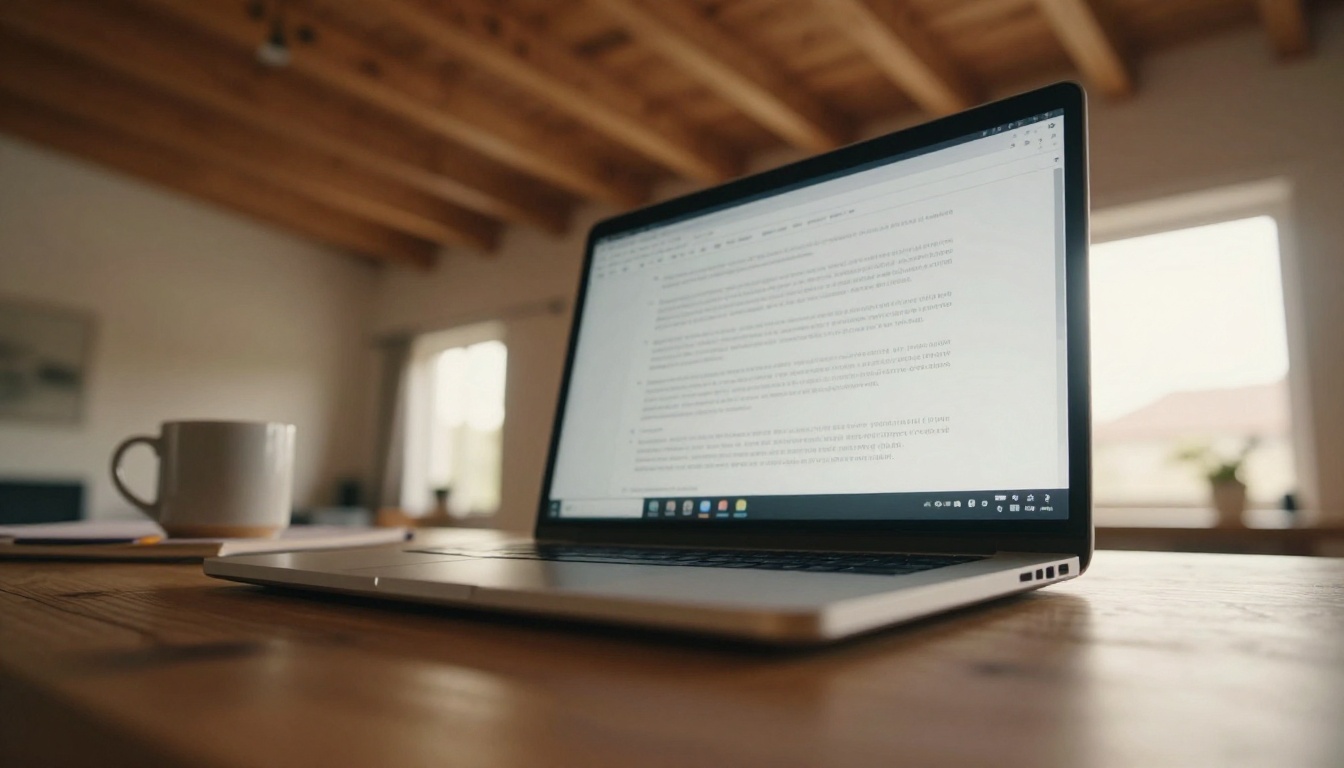 Low angle view of glowing laptop screen from desk surface level, exposed wooden ceiling beams, warm backlight through window
