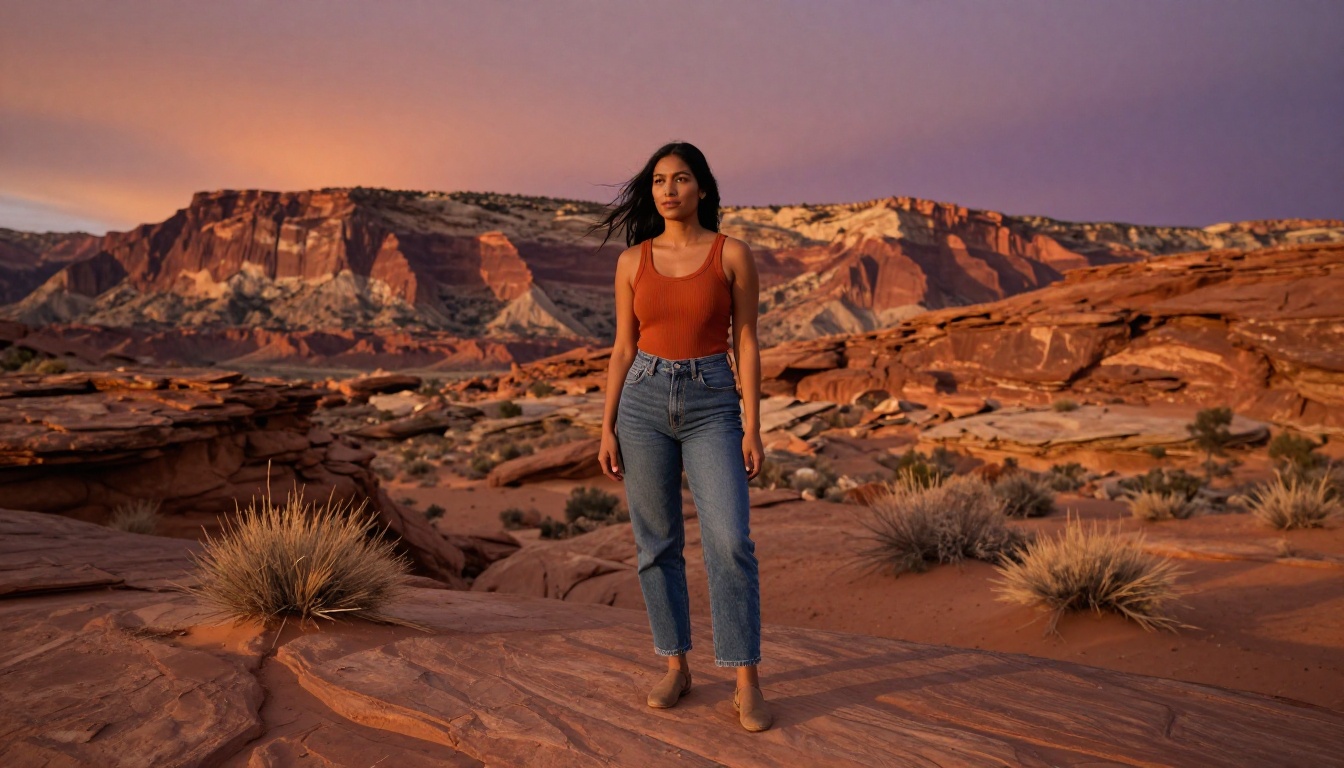 Woman with jet-black hair standing on red rock formations in a Southwest desert at magic hour