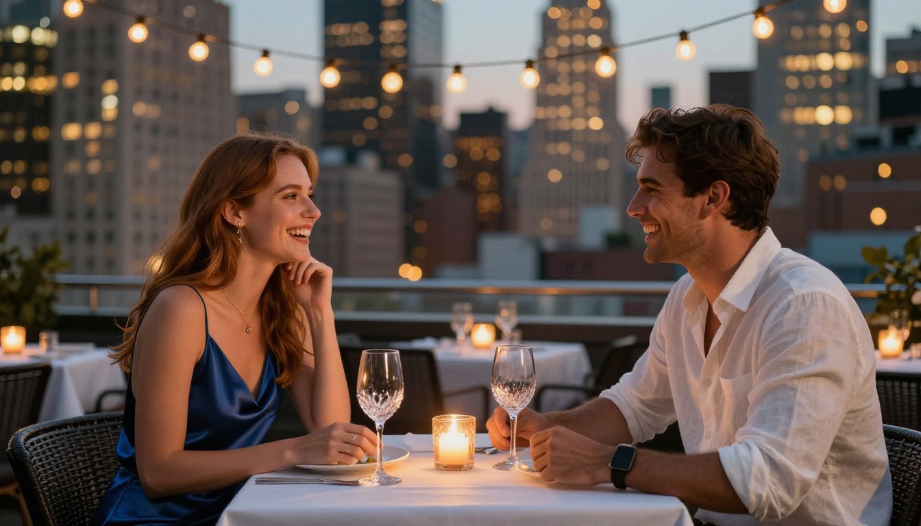 Young couple laughing over rooftop dinner with New York skyline glowing at dusk