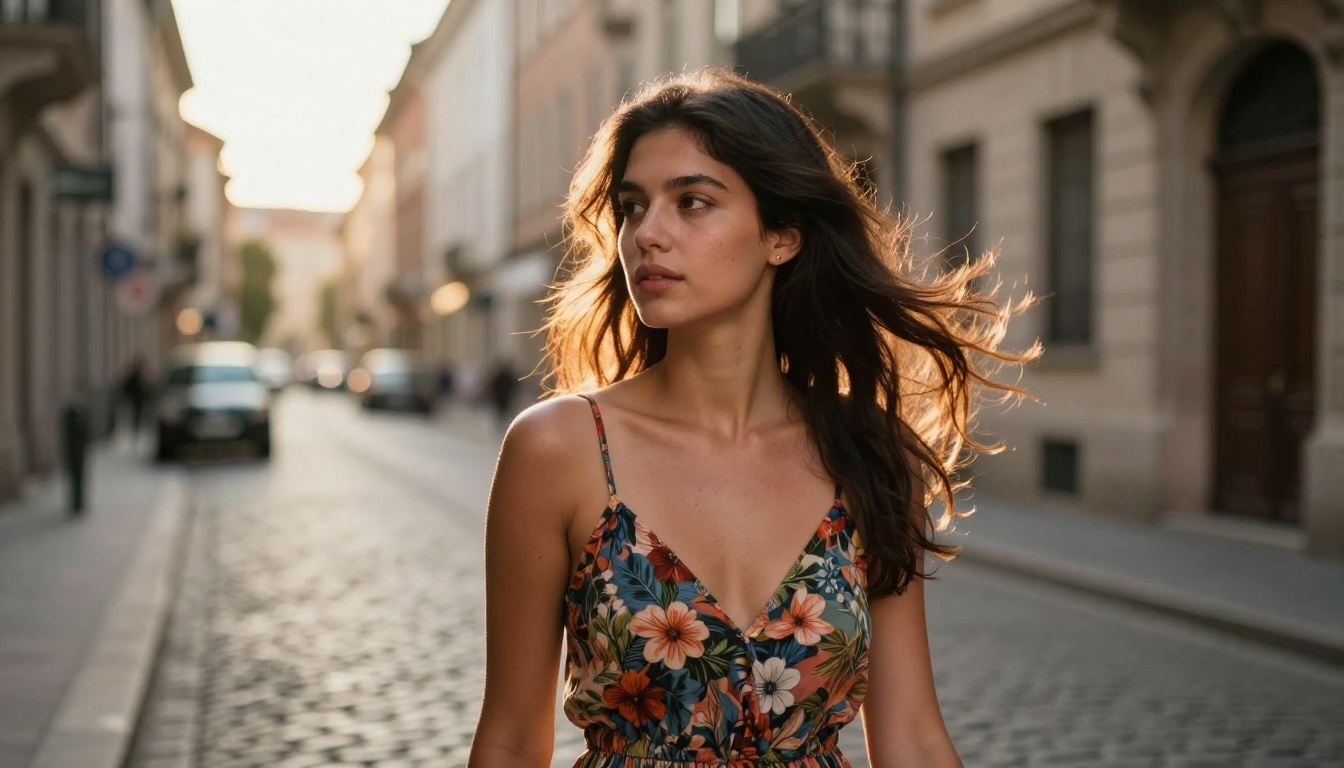 Beautiful woman walking confidently on cobblestone street at golden hour