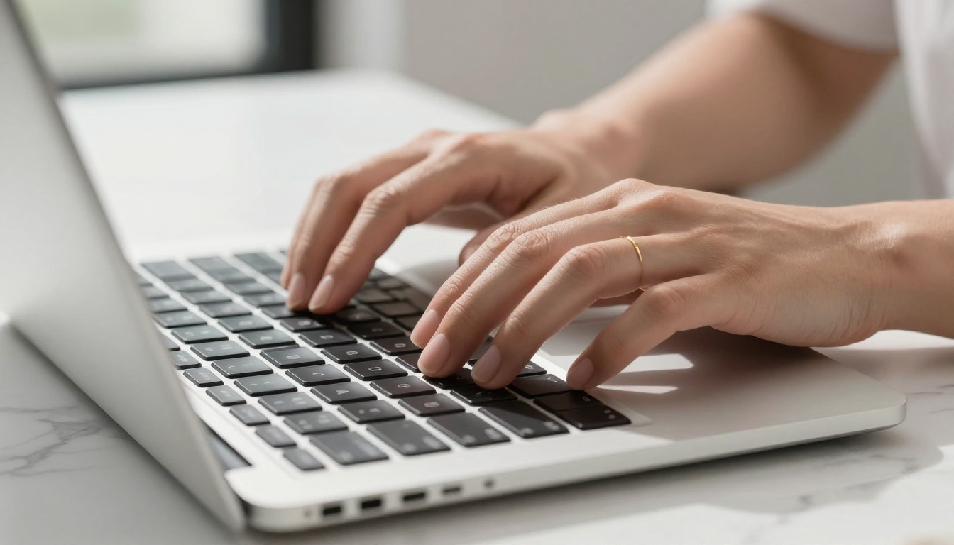 Close-up macro of feminine hands typing on an aluminum laptop keyboard on a marble desk