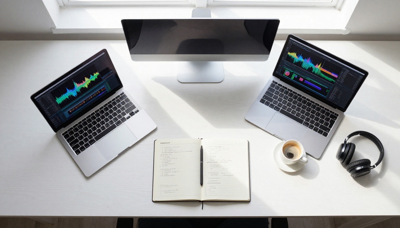 Aerial flat lay of minimal creative workspace with dual laptops and coffee