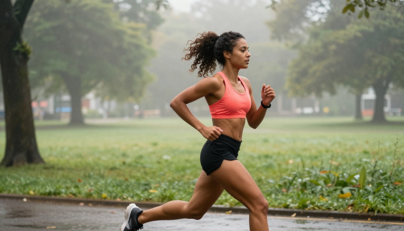 Athletic woman running through a misty morning park, freeze-frame mid-stride on a dew-wet path