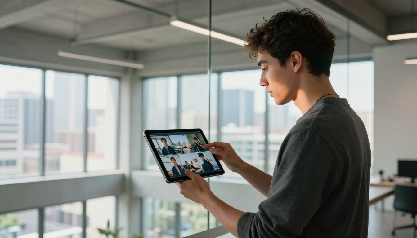 Young creative director standing at glass wall holding tablet with city view