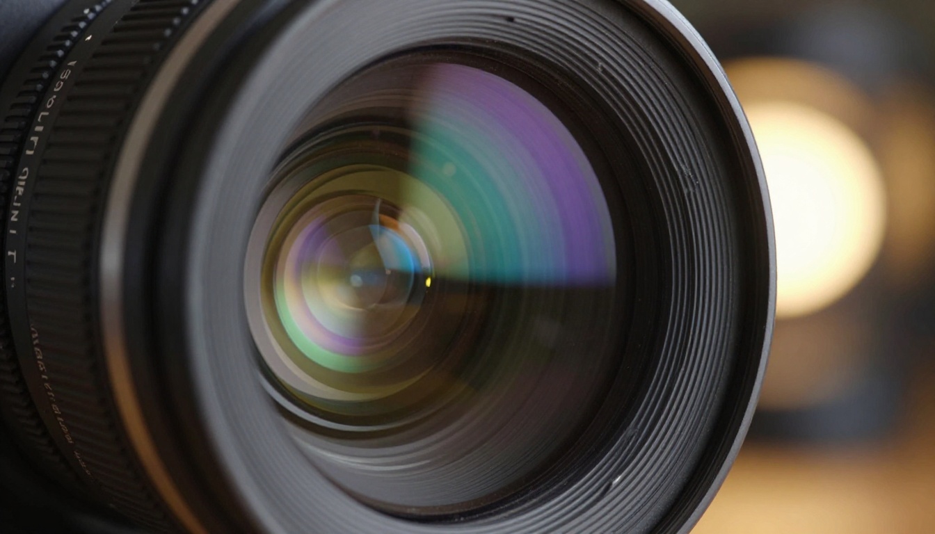 Extreme macro close-up of cinema camera lens with studio light reflections