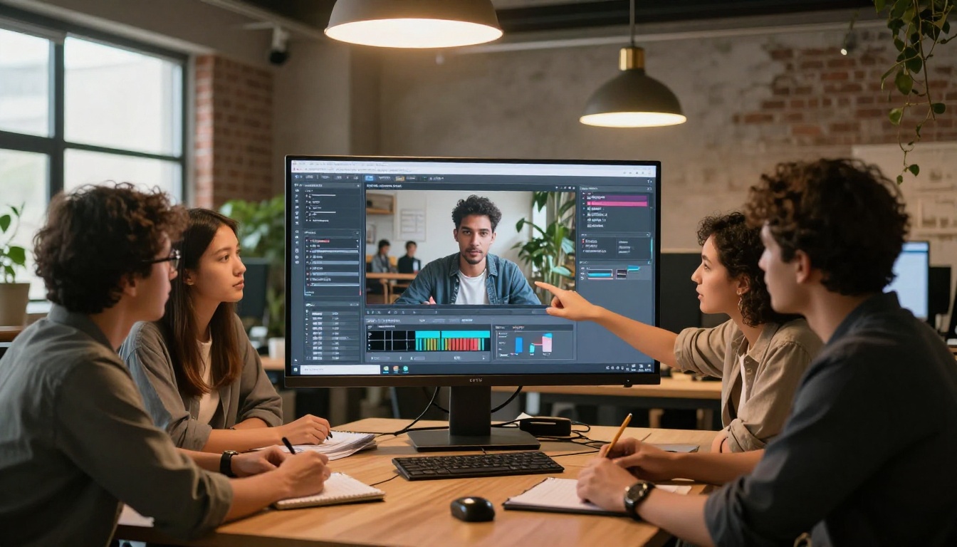 Diverse team of young creatives gathered around a curved monitor in a warm studio
