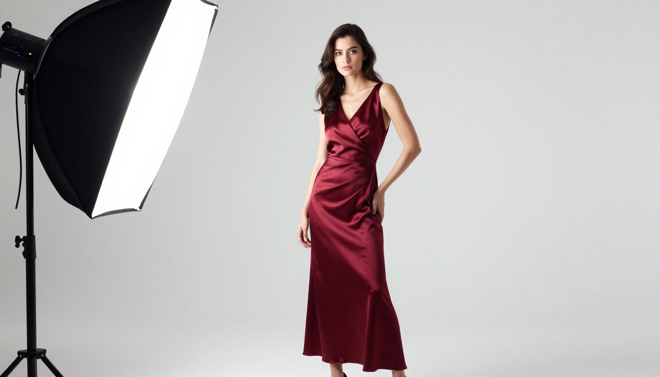 Elegant woman in deep red silk dress posed against seamless white studio backdrop