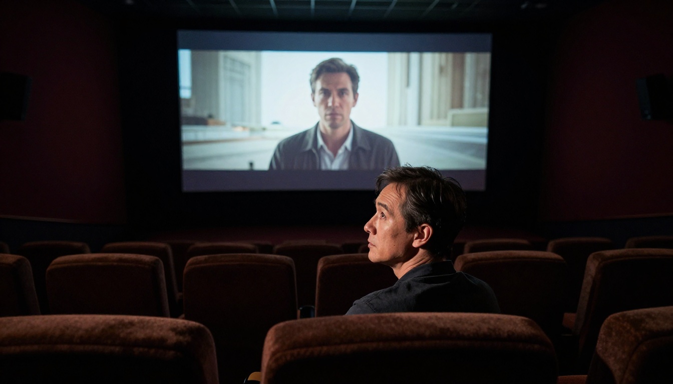 Male filmmaker sitting alone in darkened screening room watching projection
