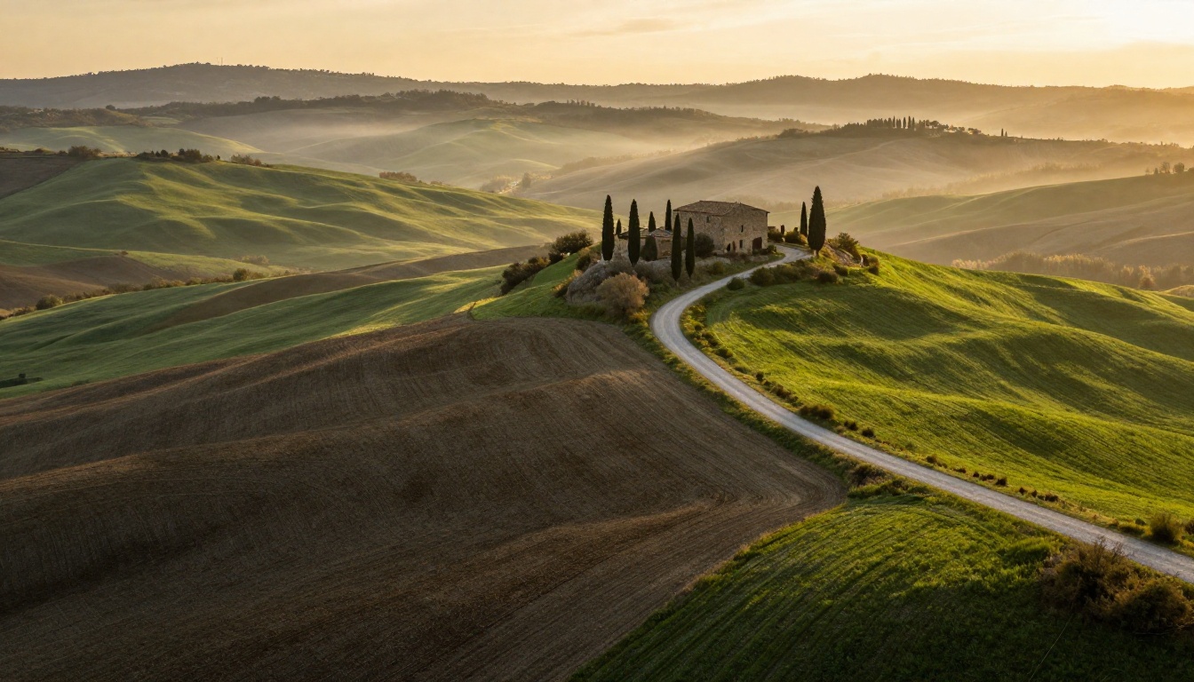 Aerial golden hour landscape over Tuscany hills with cypress trees and morning mist