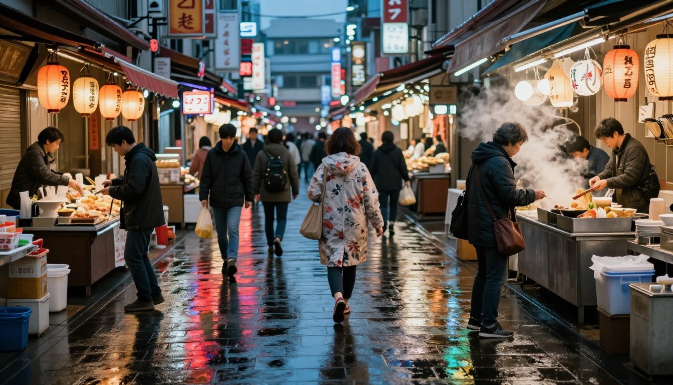 Busy Tokyo covered market at dusk with neon reflections on wet stone and street food stalls