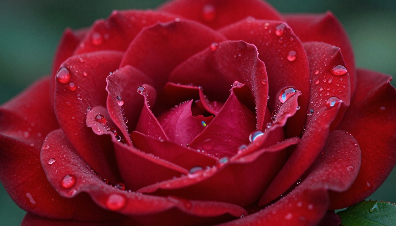 Close-up macro photograph of red rose petals with water droplets in morning light