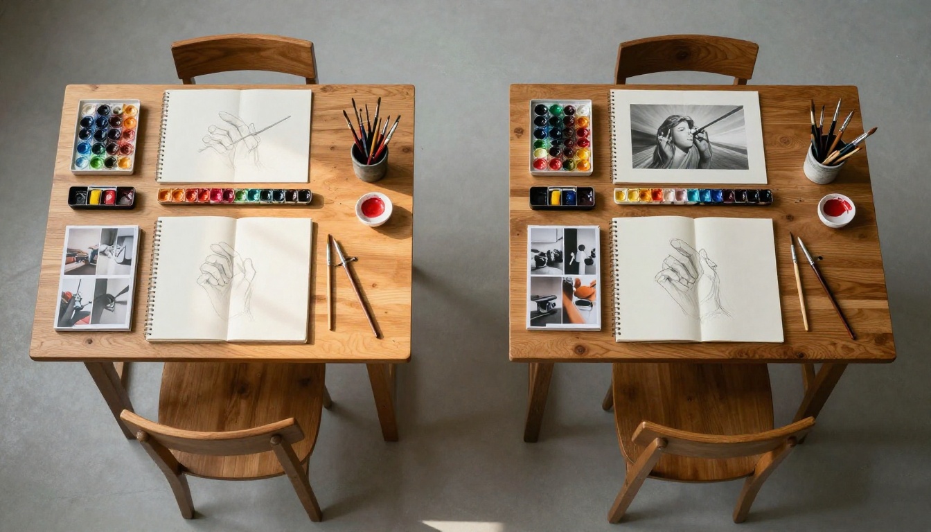Overhead flat lay of two symmetrical artist desks showing warm and cool lighting contrast