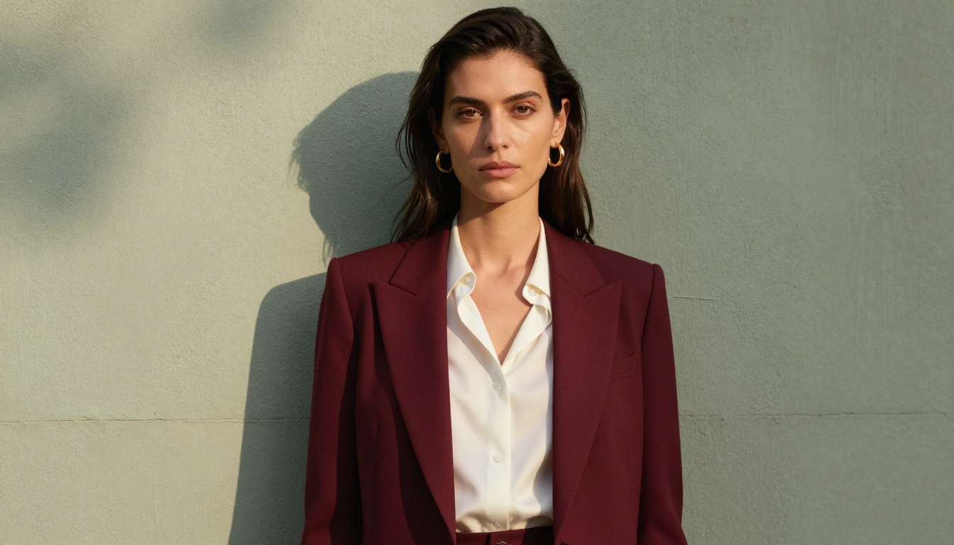 Fashion portrait with burgundy blazer and natural skin texture in afternoon rim light