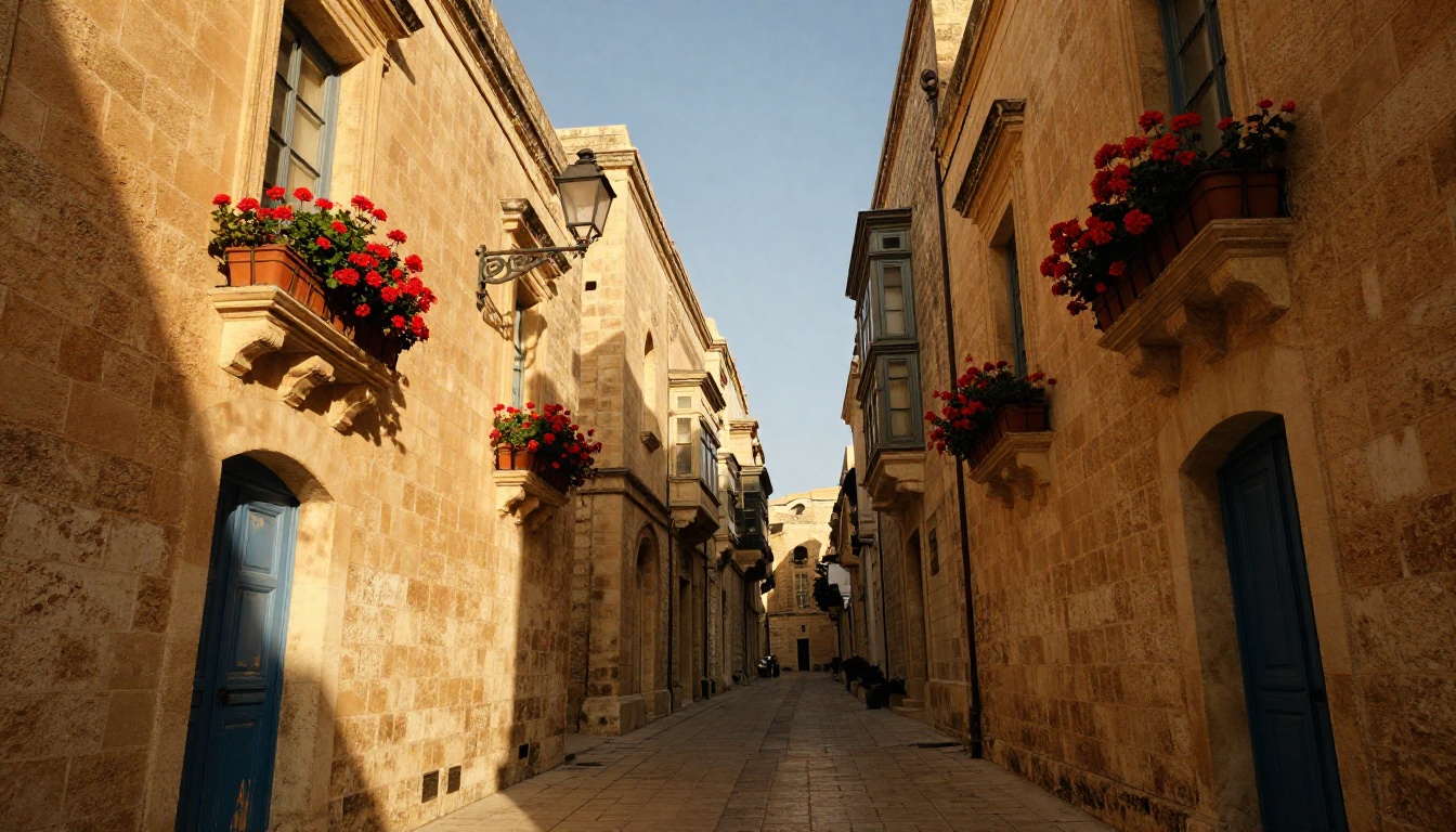 Medieval stone alley in golden hour light with cobblestone textures and geranium window boxes