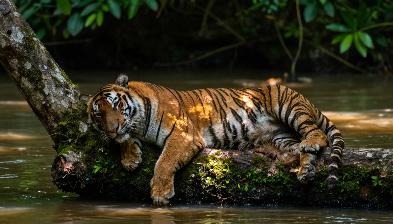 Majestic Bengal tiger resting on a mossy branch over a tropical river in morning light