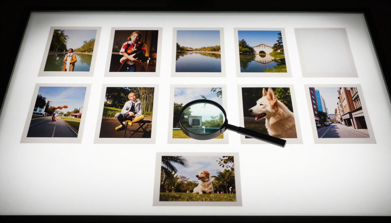 Photographer's light table from above with printed test images in two rows and a magnifying loupe