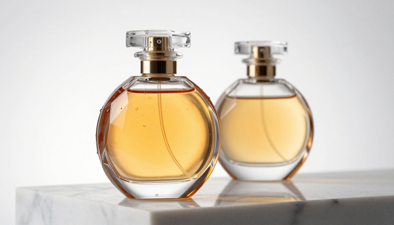 Luxury crystal perfume bottle product photography on Carrara marble with prismatic light caustics