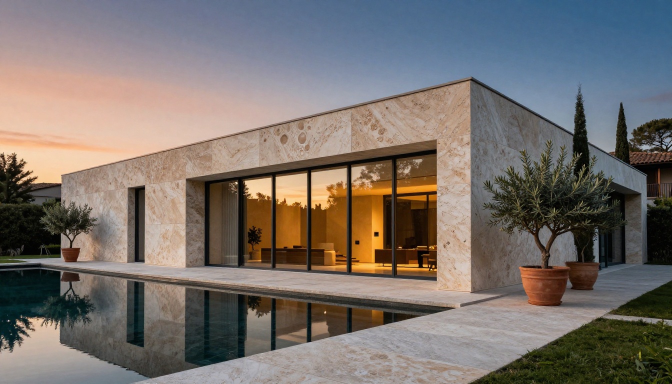 Contemporary residential building with travertine facade and reflecting pool at magic hour
