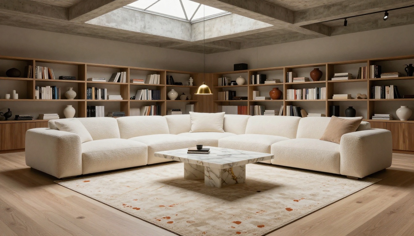 High-end contemporary living room with bouclé sofa, marble coffee table, and skylight