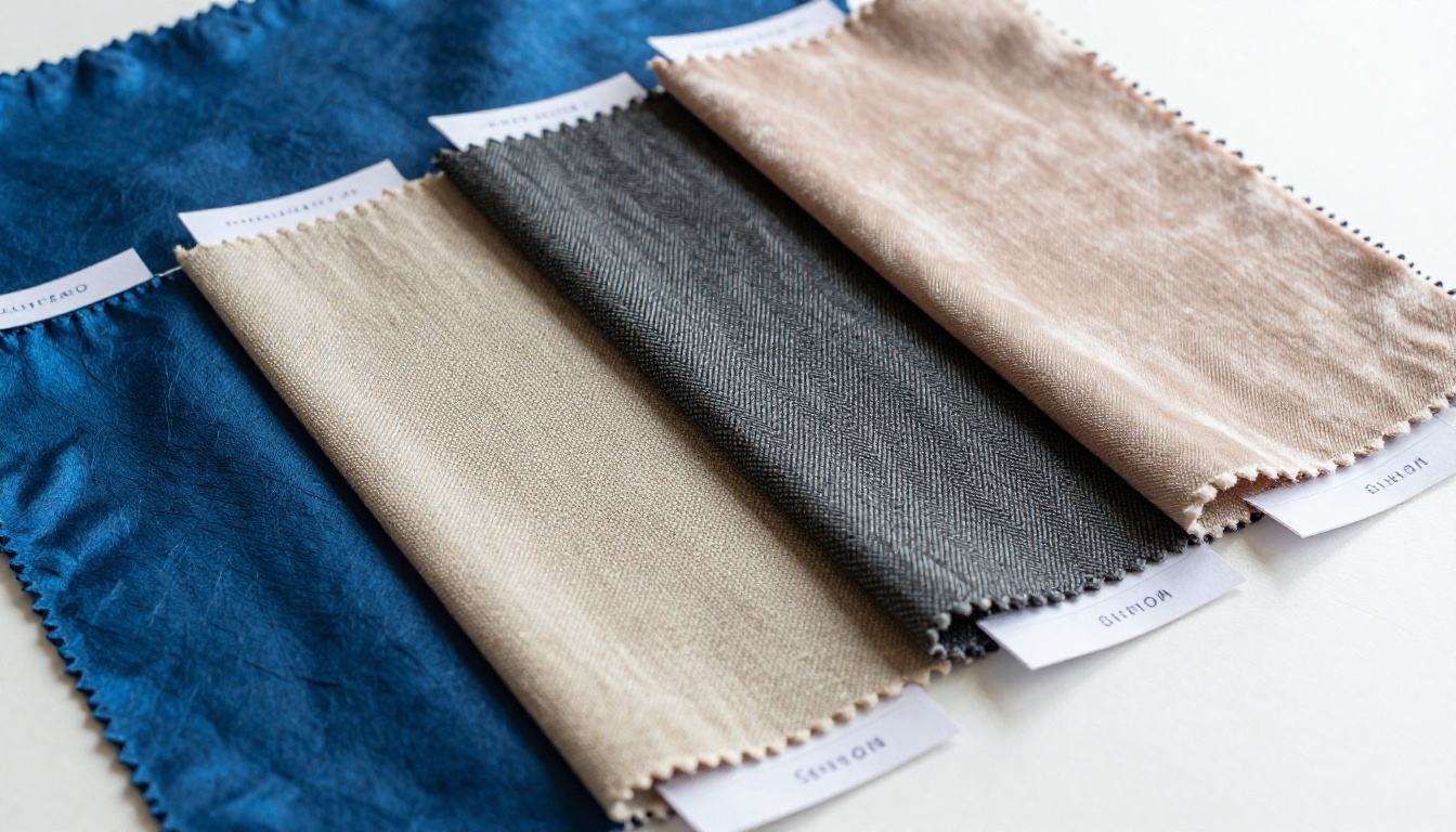 Fabric swatches macro photography showing indigo silk, natural linen, and wool crepe texture