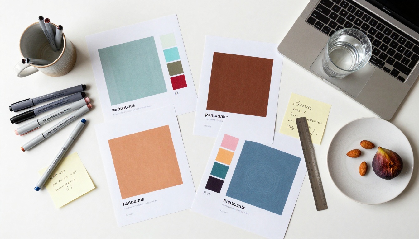 Graphic designer aerial workspace flat-lay with Pantone swatches, design proofs, and Copic markers