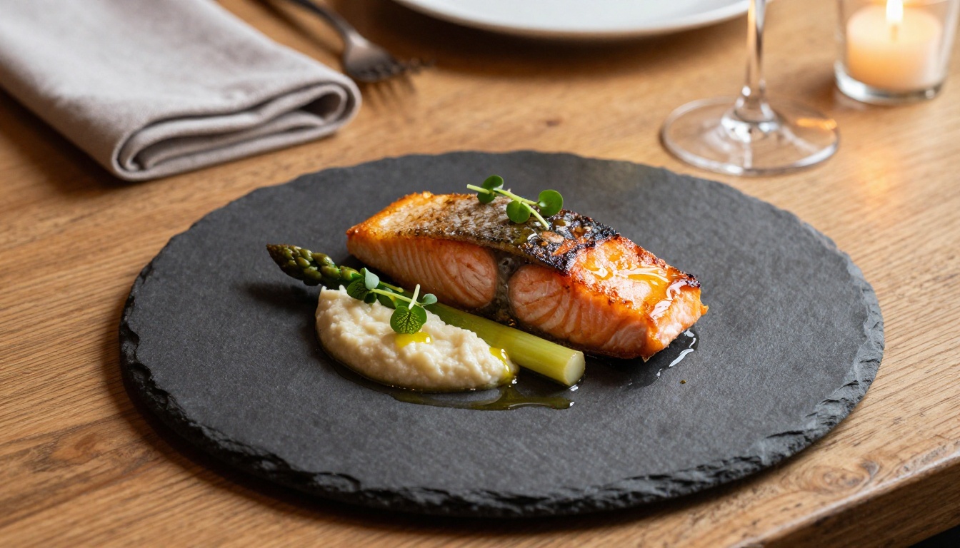 Fine dining food photography with pan-seared salmon, precise plating, and warm candlelight